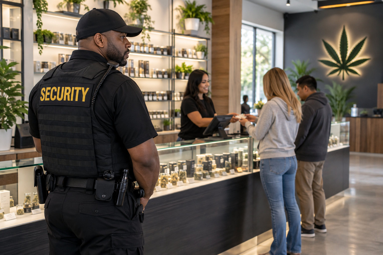 wide realistic photo of a modern retail cannabis